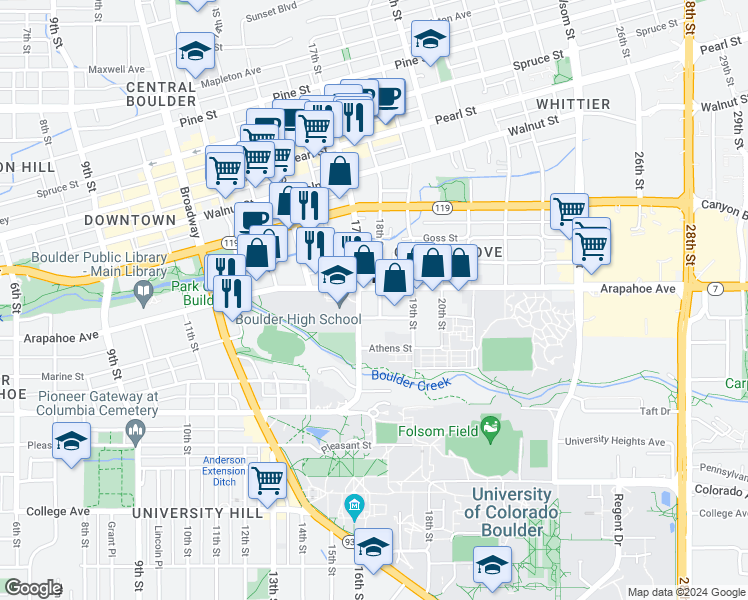 map of restaurants, bars, coffee shops, grocery stores, and more near in Boulder