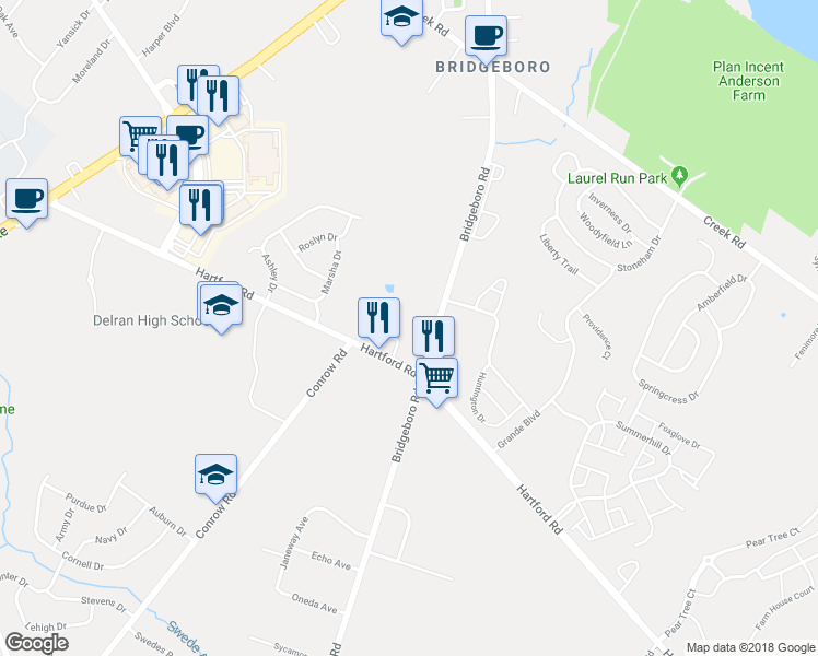 map of restaurants, bars, coffee shops, grocery stores, and more near 79 Hartford Road in Delran