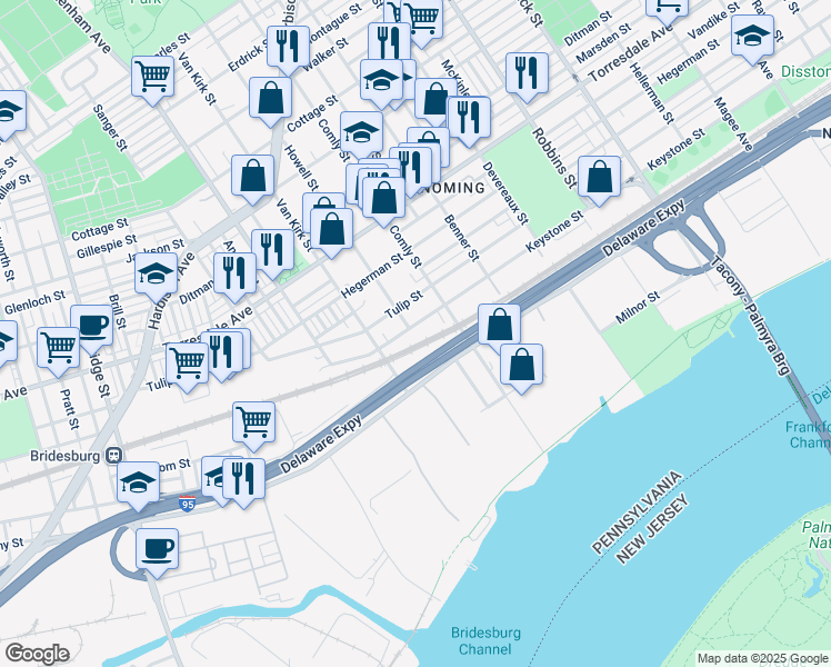 map of restaurants, bars, coffee shops, grocery stores, and more near 5831 Keystone Street in Philadelphia