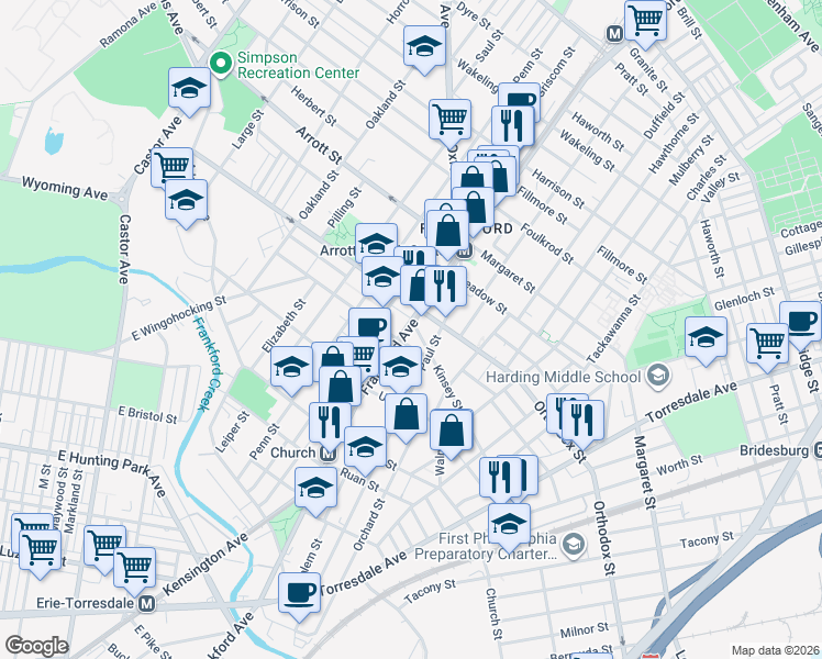 map of restaurants, bars, coffee shops, grocery stores, and more near 1617 Kinsey Street in Philadelphia