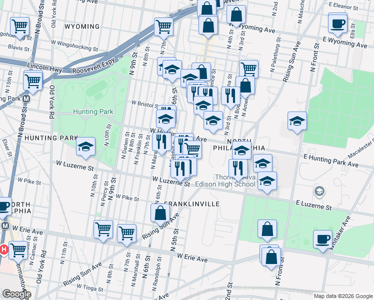 map of restaurants, bars, coffee shops, grocery stores, and more near 4123 North 5th Street in Philadelphia