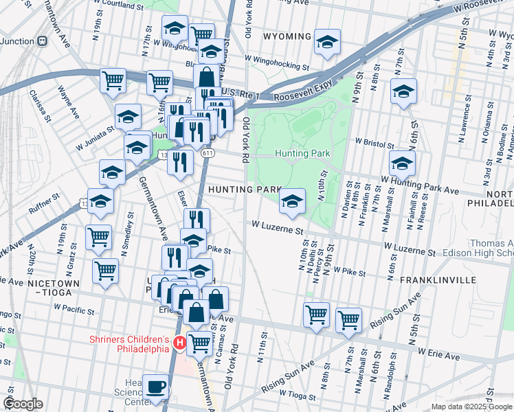 map of restaurants, bars, coffee shops, grocery stores, and more near 4023 Old York Road in Philadelphia