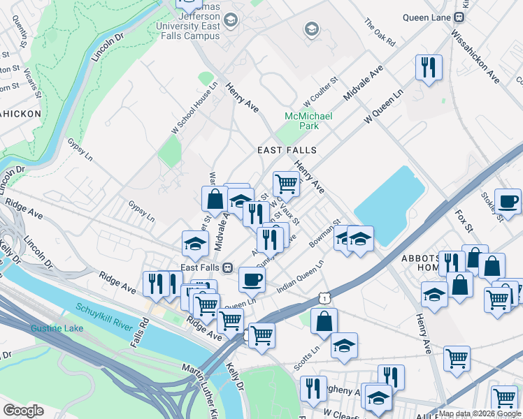 map of restaurants, bars, coffee shops, grocery stores, and more near 3450 West Penn Street in Philadelphia