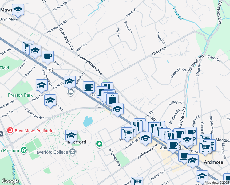 map of restaurants, bars, coffee shops, grocery stores, and more near 268 Montgomery Avenue in Haverford
