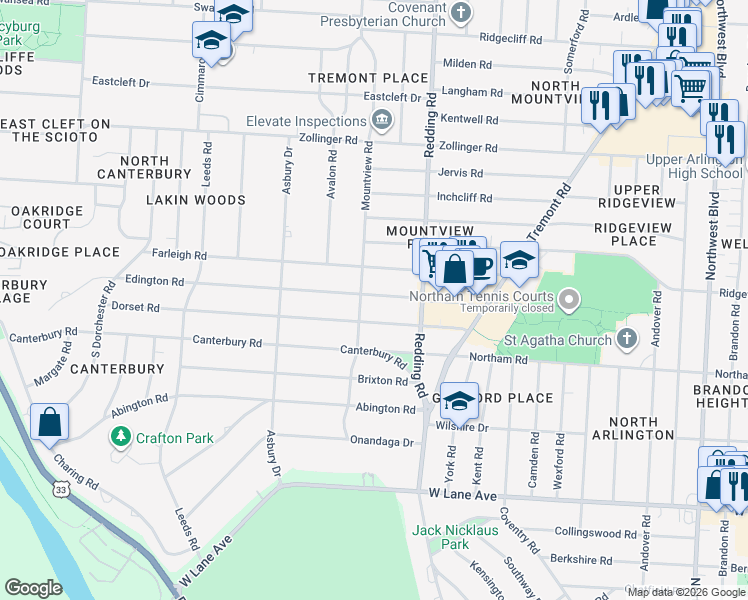 map of restaurants, bars, coffee shops, grocery stores, and more near 2233 Edington Road in Columbus