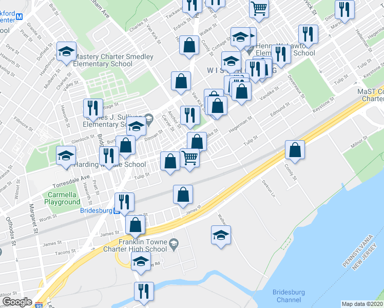 map of restaurants, bars, coffee shops, grocery stores, and more near 2147 Carver Street in Philadelphia