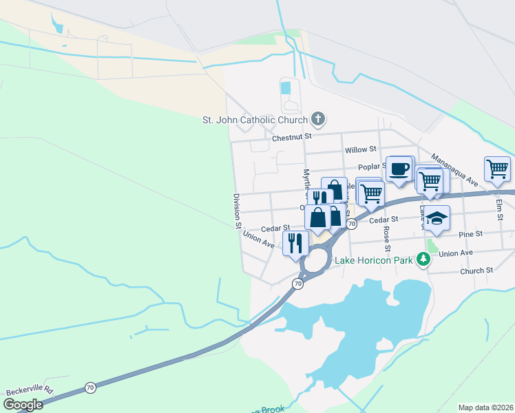 map of restaurants, bars, coffee shops, grocery stores, and more near 811 Oak Street in Lakehurst