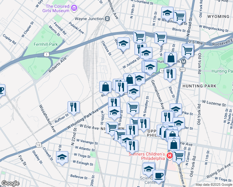 map of restaurants, bars, coffee shops, grocery stores, and more near 3925 Alfred Street in Philadelphia