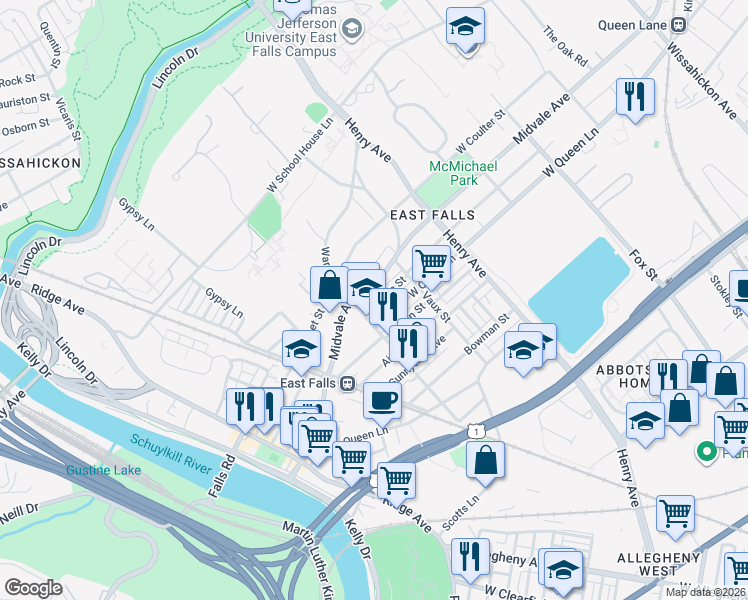 map of restaurants, bars, coffee shops, grocery stores, and more near 3450 West Penn Street in Philadelphia