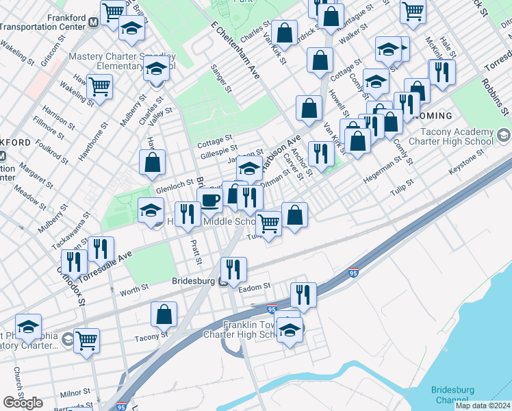 map of restaurants, bars, coffee shops, grocery stores, and more near 2083 Kennedy Street in Philadelphia