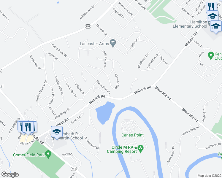 map of restaurants, bars, coffee shops, grocery stores, and more near 33 Mill Pond Drive in Lancaster