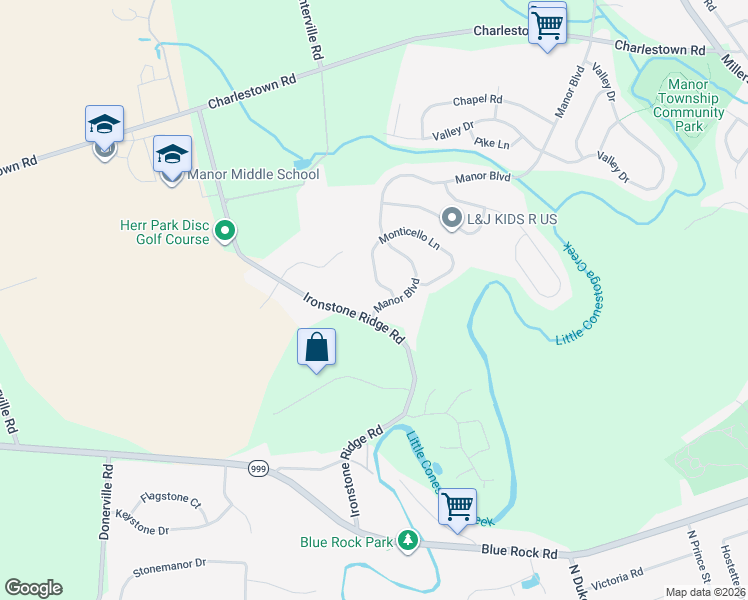 map of restaurants, bars, coffee shops, grocery stores, and more near 235 Ironstone Ridge Road in Lancaster