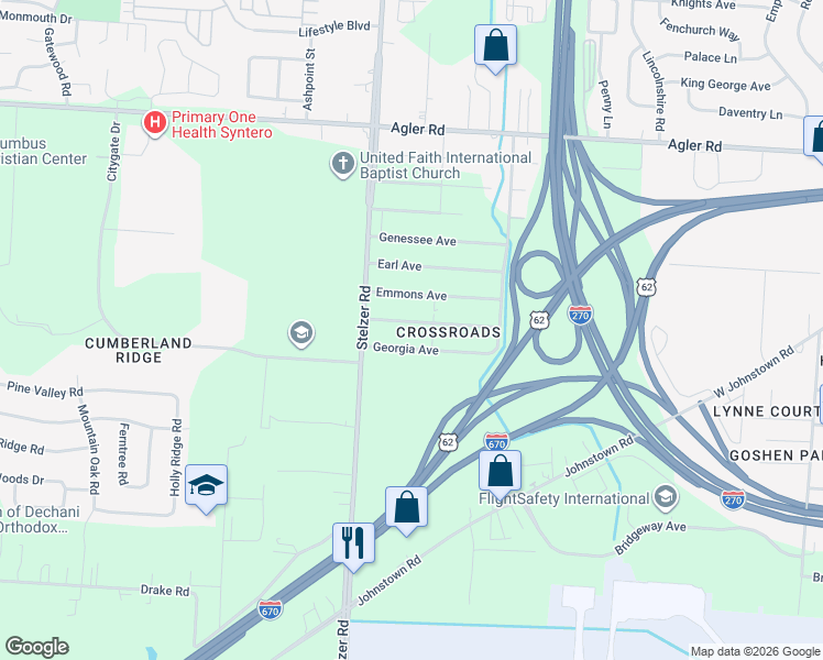 map of restaurants, bars, coffee shops, grocery stores, and more near 3733 Missouri Avenue in Columbus