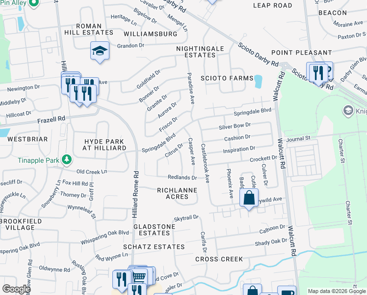 map of restaurants, bars, coffee shops, grocery stores, and more near 3050 Bismark Drive in Hilliard