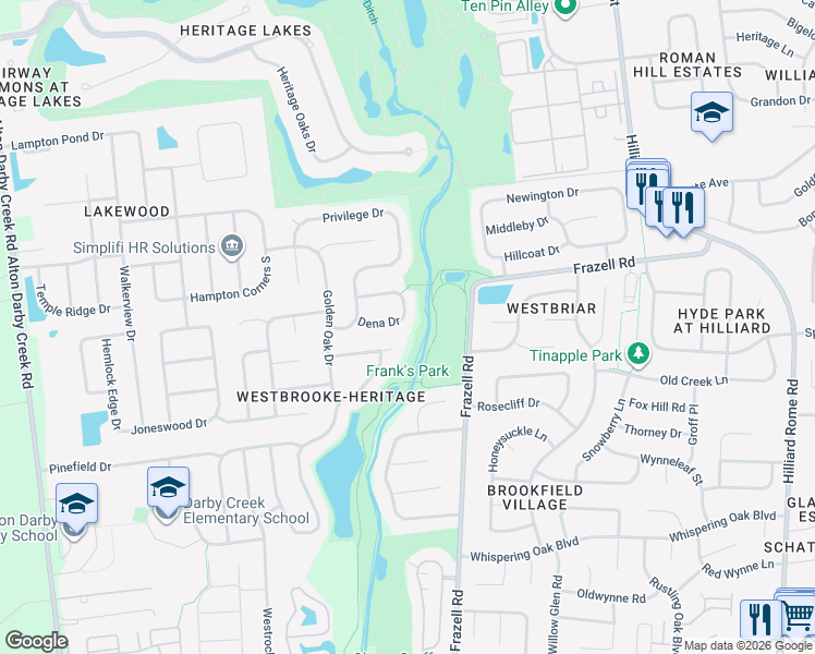 map of restaurants, bars, coffee shops, grocery stores, and more near 5803 Dena Drive in Hilliard