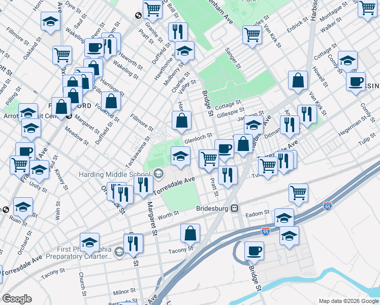 map of restaurants, bars, coffee shops, grocery stores, and more near 5004 Ditman Street in Philadelphia