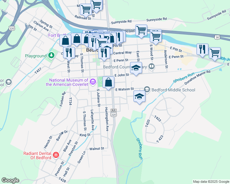 map of restaurants, bars, coffee shops, grocery stores, and more near 401 South Richard Street in Bedford