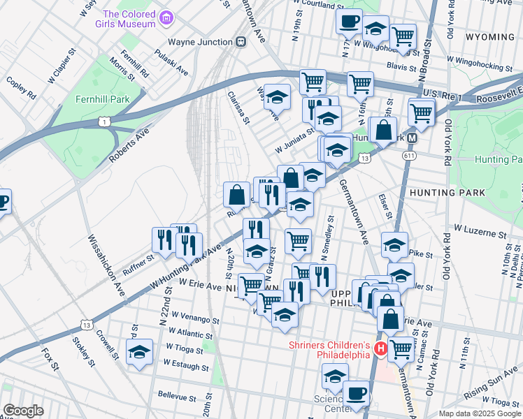 map of restaurants, bars, coffee shops, grocery stores, and more near 3925 Alfred Street in Philadelphia