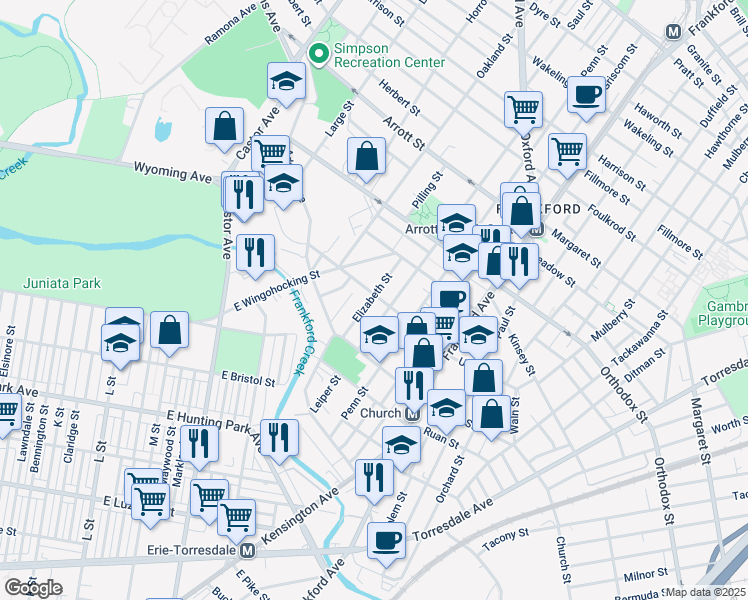 map of restaurants, bars, coffee shops, grocery stores, and more near 1342 Unity Street in Philadelphia