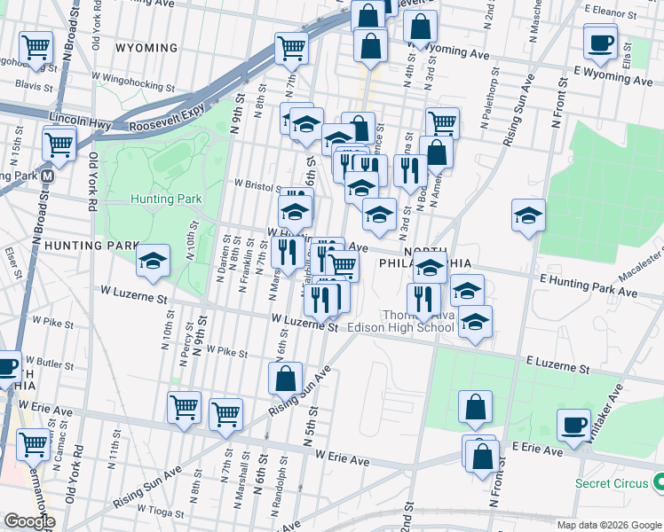 map of restaurants, bars, coffee shops, grocery stores, and more near 4123 North 5th Street in Philadelphia