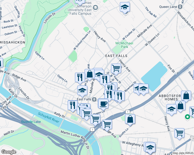 map of restaurants, bars, coffee shops, grocery stores, and more near 3460 Midvale Avenue in Philadelphia