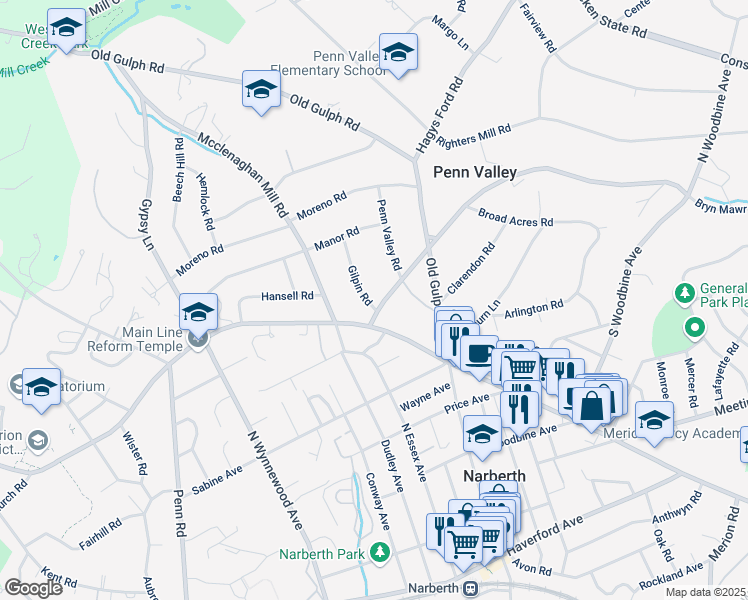 map of restaurants, bars, coffee shops, grocery stores, and more near 431 Gilpin Road in Penn Valley