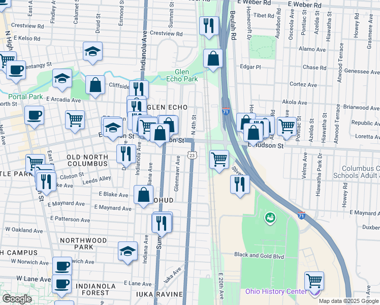 map of restaurants, bars, coffee shops, grocery stores, and more near 477 East Tompkins Street in Columbus