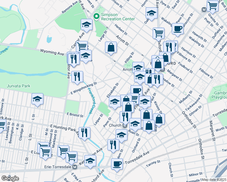 map of restaurants, bars, coffee shops, grocery stores, and more near 1342 Unity Street in Philadelphia