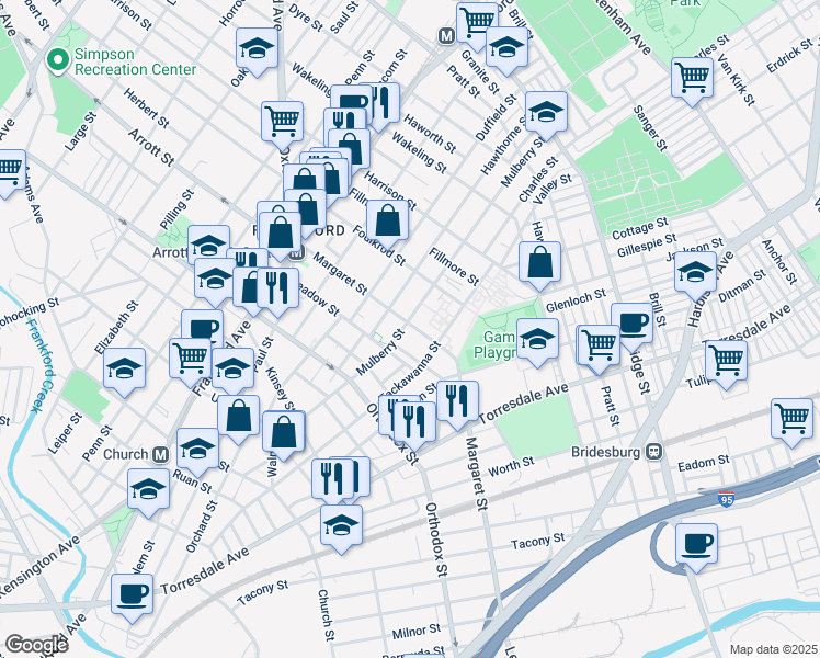 map of restaurants, bars, coffee shops, grocery stores, and more near 4681 Mulberry Street in Philadelphia