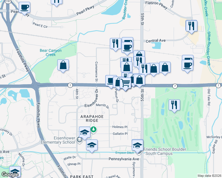 map of restaurants, bars, coffee shops, grocery stores, and more near 1585 Patton Drive in Boulder