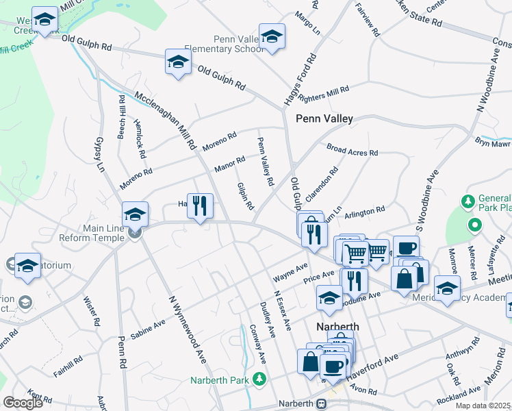 map of restaurants, bars, coffee shops, grocery stores, and more near 431 Gilpin Road in Penn Valley