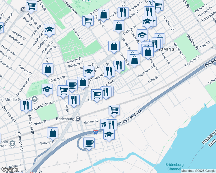 map of restaurants, bars, coffee shops, grocery stores, and more near 5419 Torresdale Avenue in Philadelphia