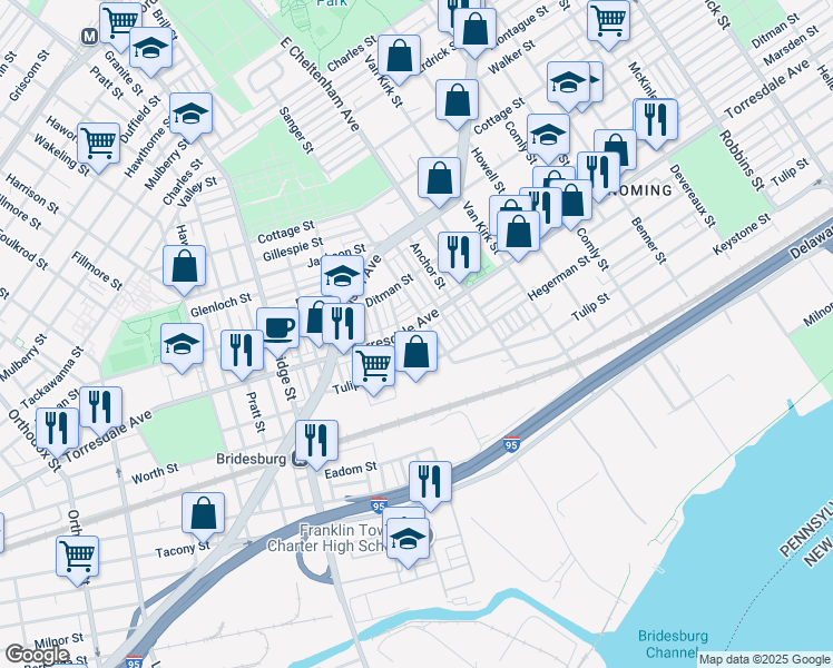 map of restaurants, bars, coffee shops, grocery stores, and more near 5443 Torresdale Avenue in Philadelphia