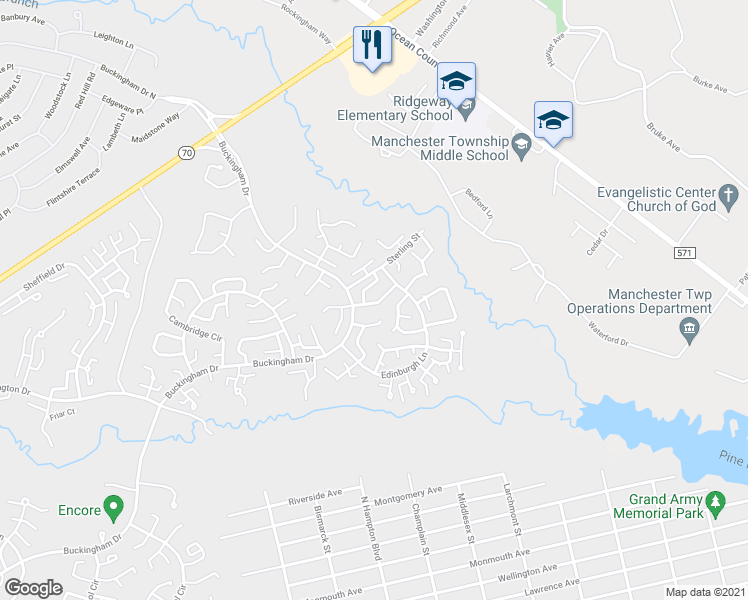 map of restaurants, bars, coffee shops, grocery stores, and more near 104B Buckingham Drive in Manchester Township
