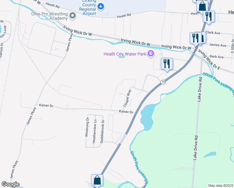 map of restaurants, bars, coffee shops, grocery stores, and more near 419 Cottage Grove West in Heath
