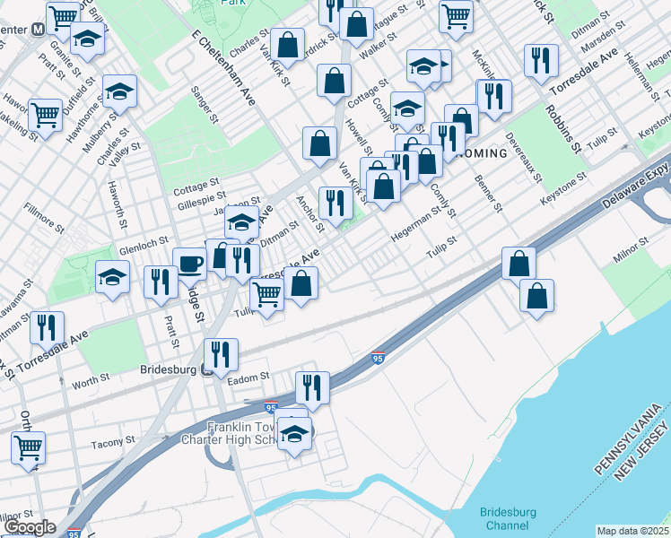 map of restaurants, bars, coffee shops, grocery stores, and more near 2141 Carver Street in Philadelphia
