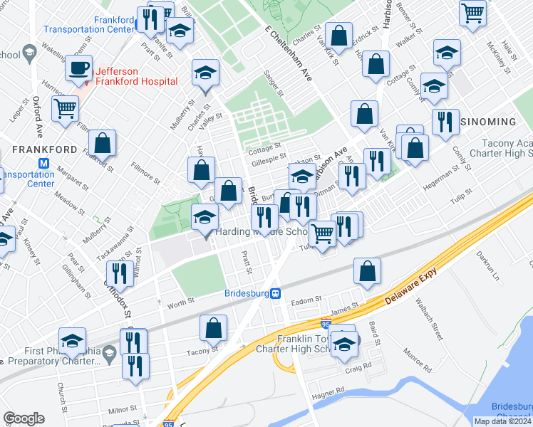 map of restaurants, bars, coffee shops, grocery stores, and more near 5211 Ditman Street in Philadelphia