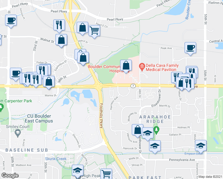 map of restaurants, bars, coffee shops, grocery stores, and more near 1559 Macarthur Drive in Boulder
