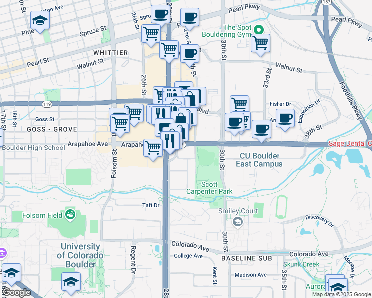 map of restaurants, bars, coffee shops, grocery stores, and more near 2939 Marine Street in Boulder