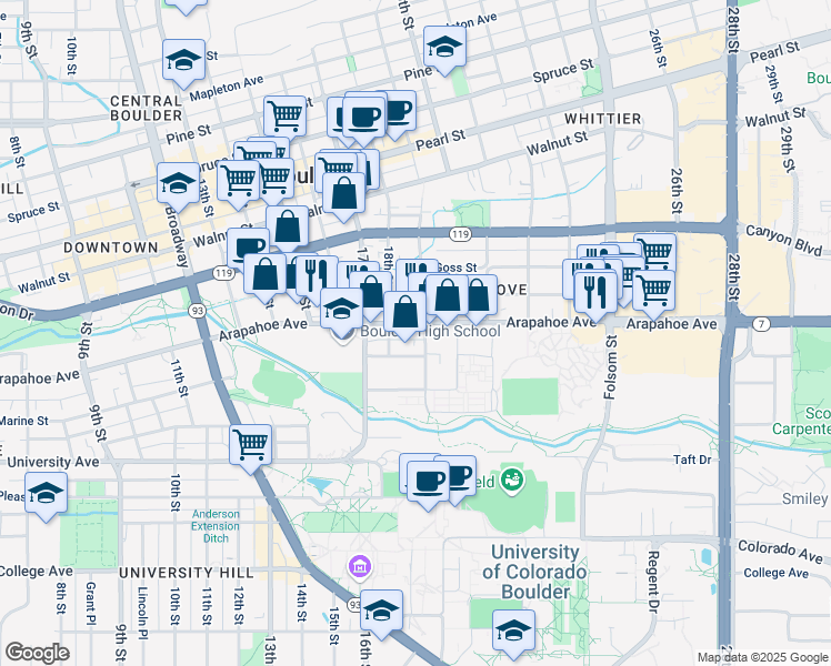 map of restaurants, bars, coffee shops, grocery stores, and more near 1840 Arapahoe Avenue in Boulder