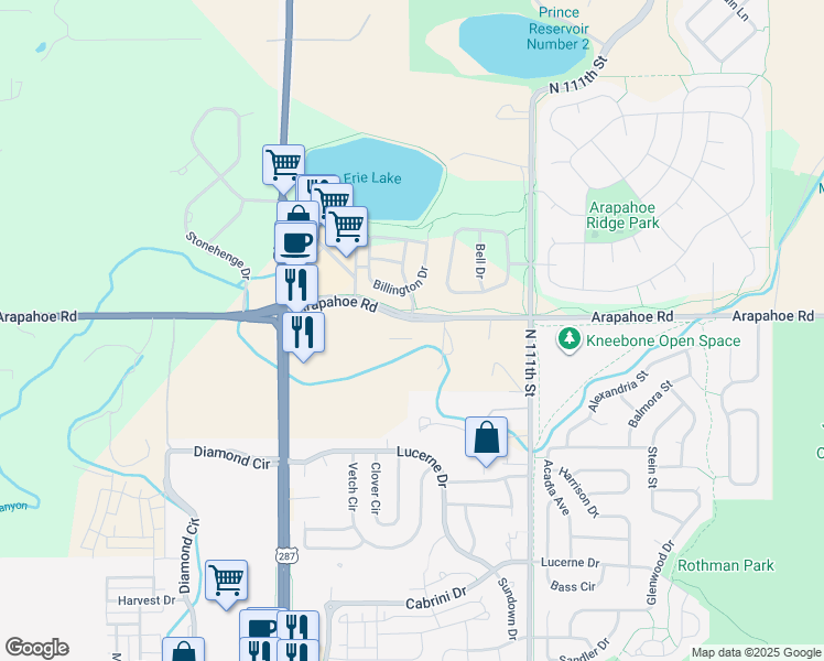 map of restaurants, bars, coffee shops, grocery stores, and more near 10960 Arapahoe Road in Lafayette