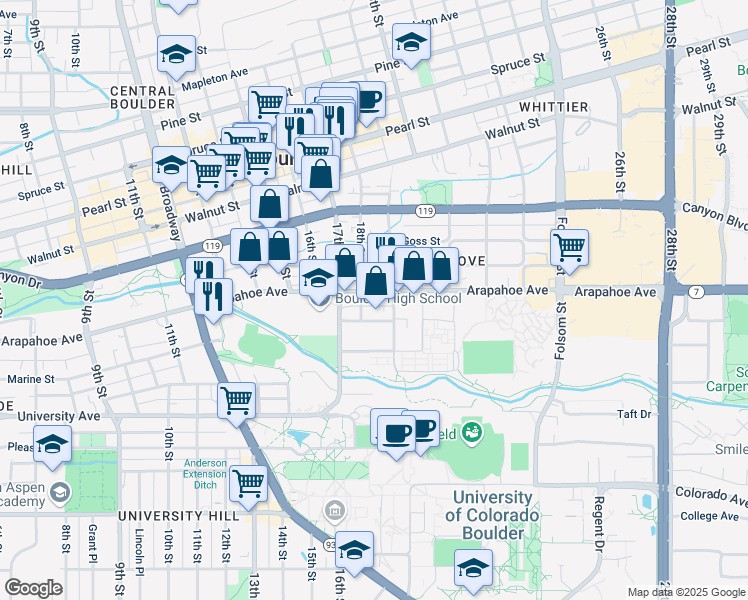 map of restaurants, bars, coffee shops, grocery stores, and more near in Boulder