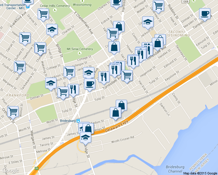 map of restaurants, bars, coffee shops, grocery stores, and more near 2132 Sanger Street in Philadelphia