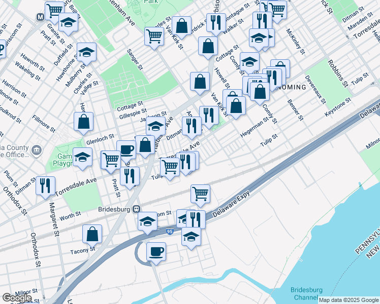 map of restaurants, bars, coffee shops, grocery stores, and more near 5419 Torresdale Avenue in Philadelphia