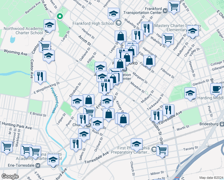 map of restaurants, bars, coffee shops, grocery stores, and more near 1617 Kinsey Street in Philadelphia