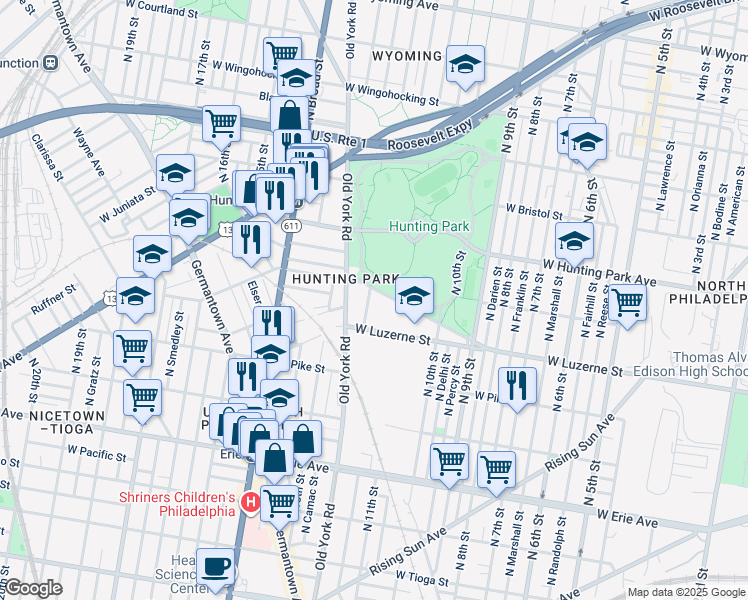 map of restaurants, bars, coffee shops, grocery stores, and more near 4033 North 12th Street in Philadelphia