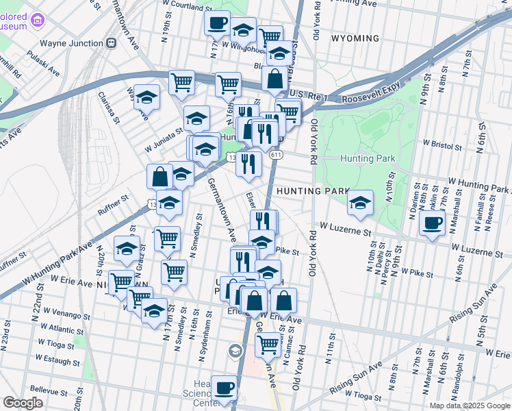 map of restaurants, bars, coffee shops, grocery stores, and more near 3960 Bott Street in Philadelphia