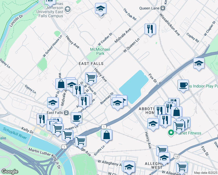 map of restaurants, bars, coffee shops, grocery stores, and more near 3423 Osmond Street in Philadelphia
