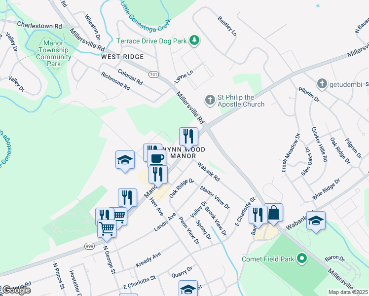 map of restaurants, bars, coffee shops, grocery stores, and more near 354 Manor Avenue in Millersville