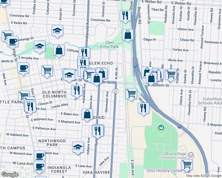 map of restaurants, bars, coffee shops, grocery stores, and more near 477 East Tompkins Street in Columbus